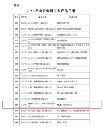 欣格瑞自主研發的MVR專用阻垢劑入選“2021年山東創新工業產品”